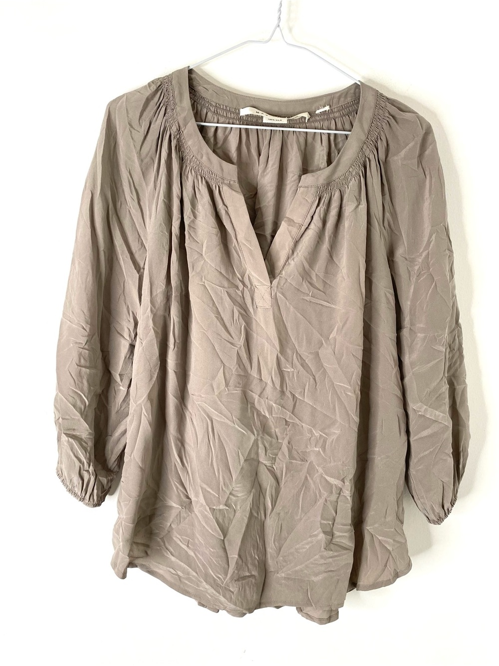 Max Studio Taupe Neutral 100% Silk Split Neck Blouse Smocked Trim Elastic Cuffs